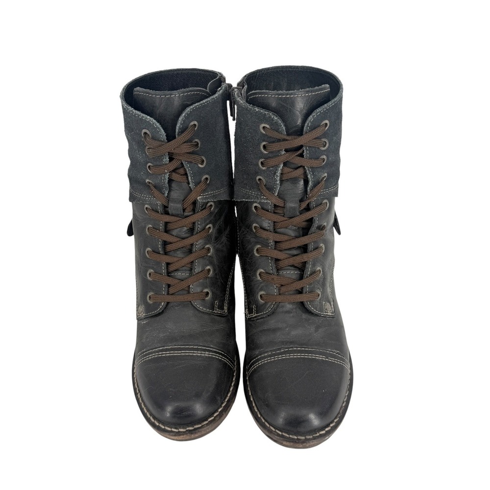 Taos Crave Black Leather Suede Combat Boots EU 38 7-7.5 Side Zip Lace Up Cap Toe - Picture 3 of 10